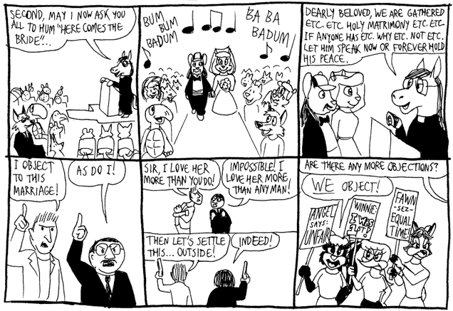 Friday: The Wedding of Mitch & Minerva: Humming, two suitors, protesting cartoon femmes.